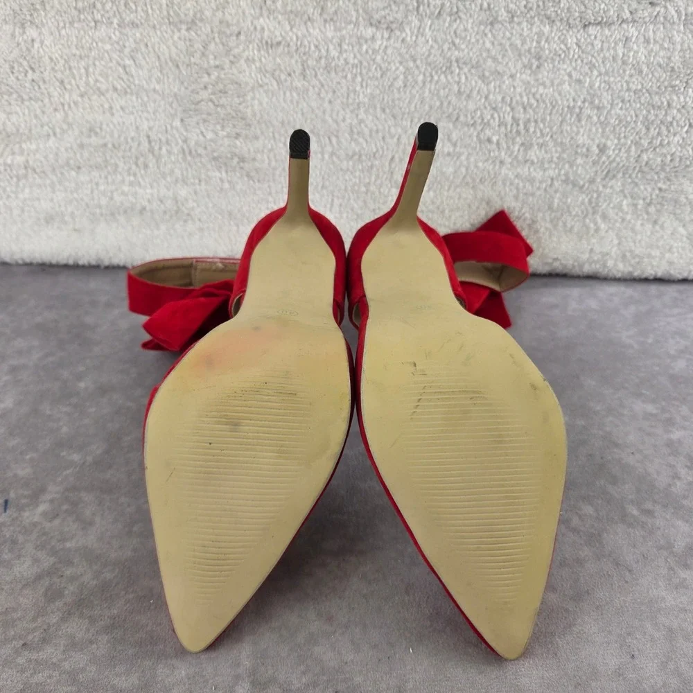 MM Joly Red Faux Suede Pointed Toe Bow Ankle Strap Pumps Stiletto Heels Size 9